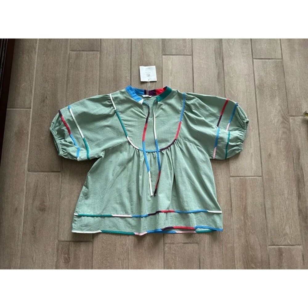 100% Cotton NEW Boutique Pea Green Blouse XXL Colorful Trim Puff Sleeve Cottage